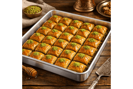 Profesyonel Baklava Tepsisi ile mükemmel pişirme sonucu Baklava Tepsisi ile eşit pişmiş ev yapımı baklava görünümü